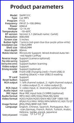 5in 1 Din Carplay Android Auto Radio Car Stereo MP5 Player Mirror Link WithCamera